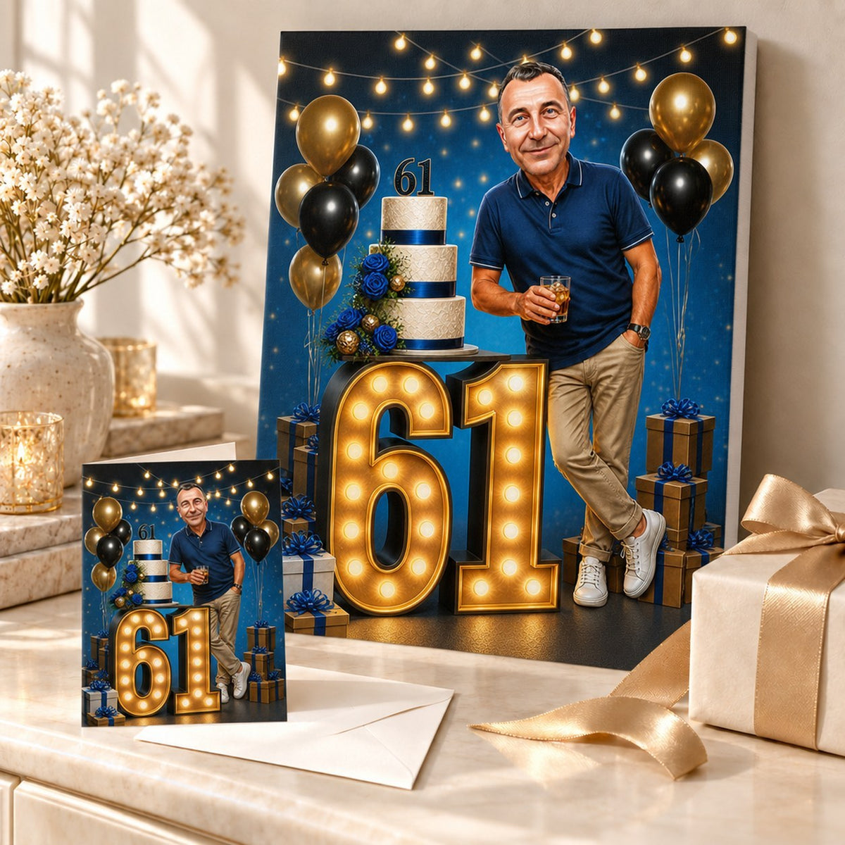 Blue birthday caricature on canvas and 5x7 card beside wrapped presents.