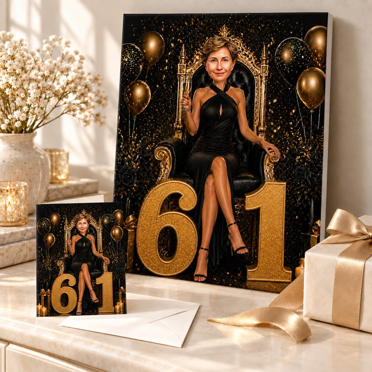 Birthday queen caricature on canvas and 5x7 card with ribboned gift box.