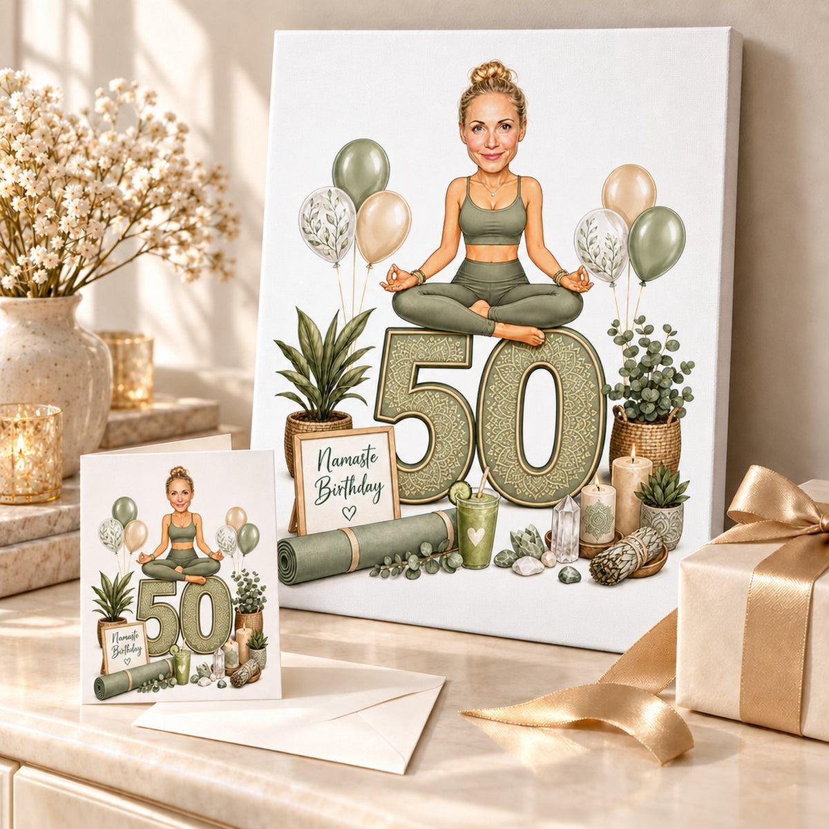 Yoga birthday caricature on canvas and greeting card in a celebratory gift scene.