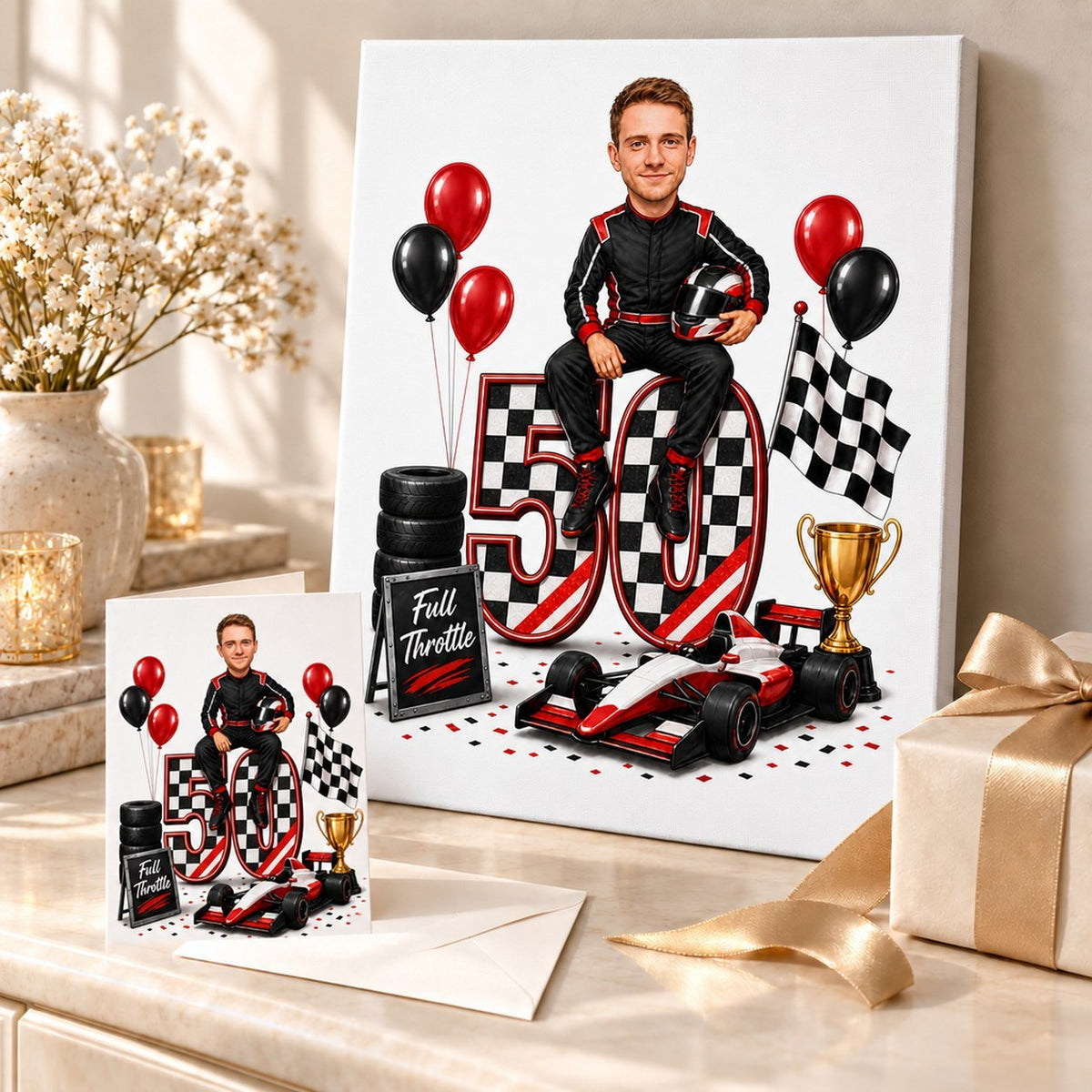 Racing driver caricature shown on a stretched canvas and a 5x7 card beside a gift box and envelope.