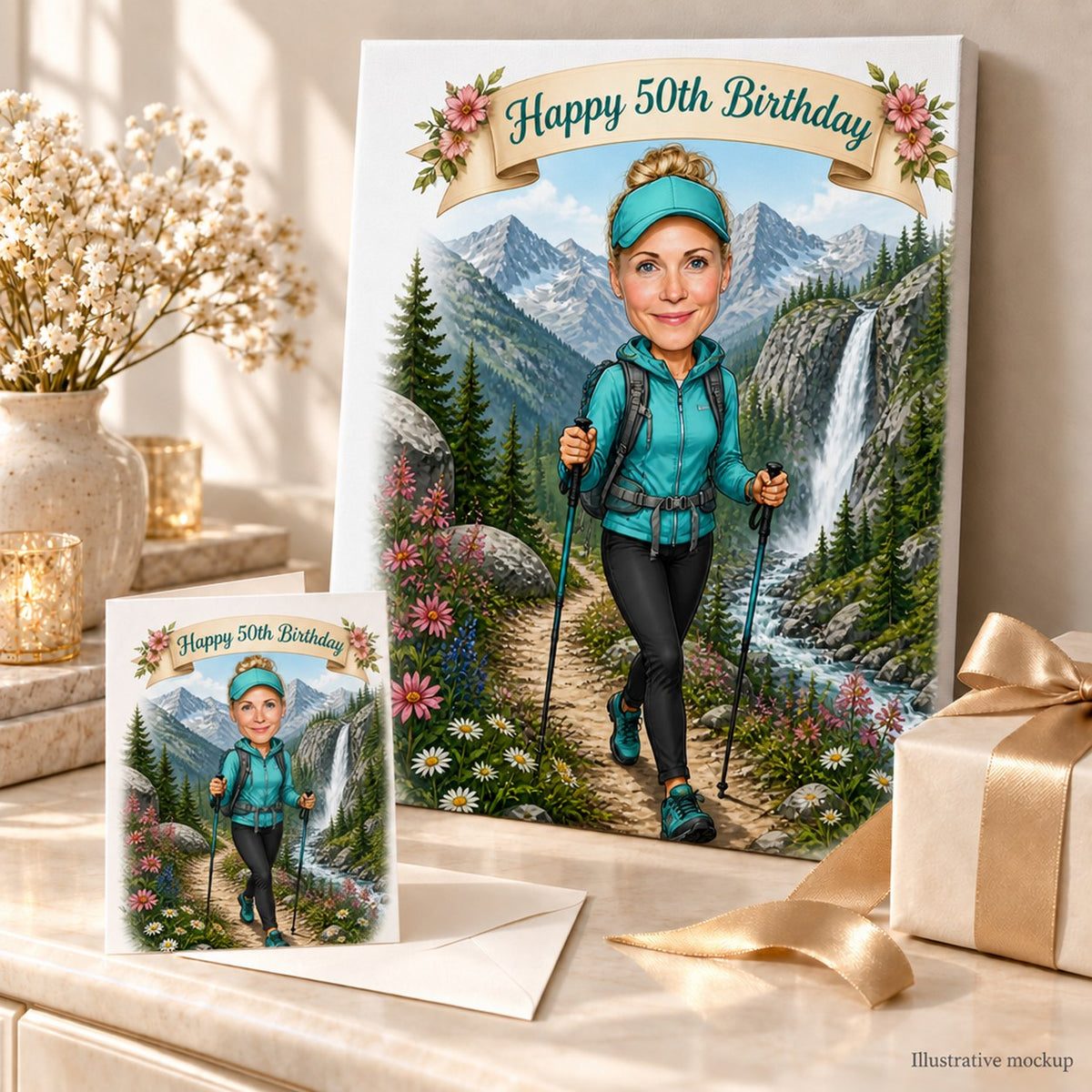 Hiking birthday caricature shown on canvas and greeting card ready to gift