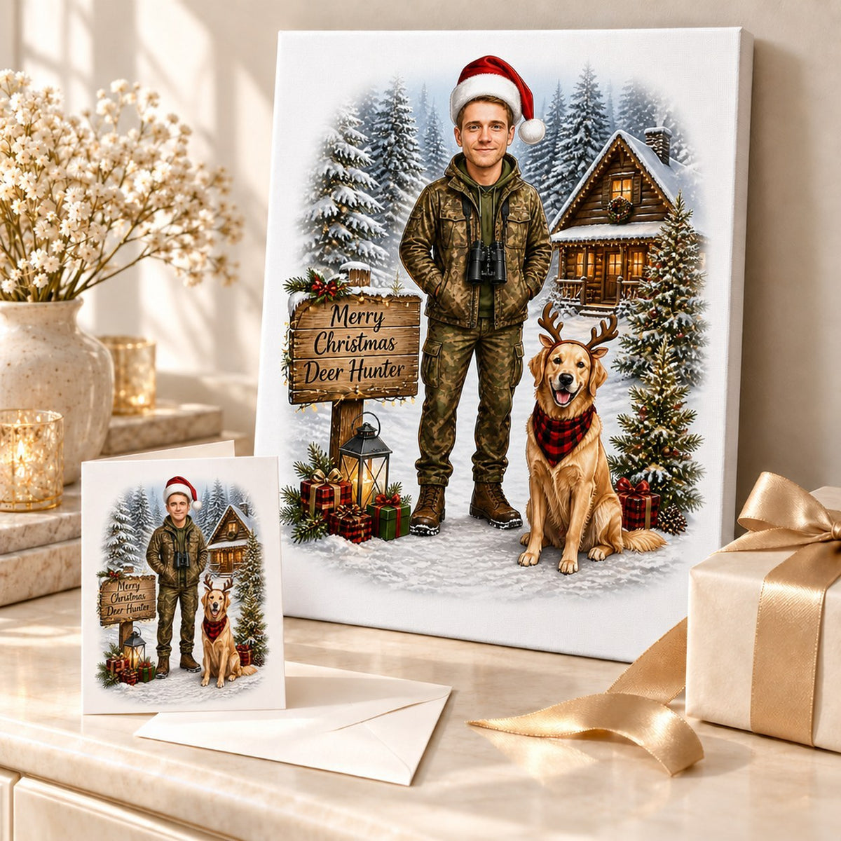Deer hunter Christmas caricature on canvas and 5x7 card with festive gift wrap