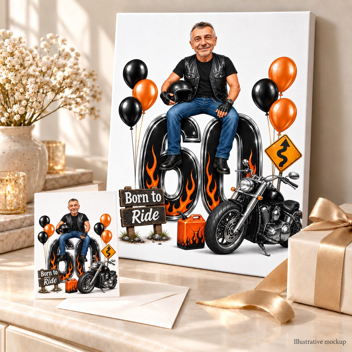 Motorcycle birthday caricature on canvas and 5x7 card in a gift scene.