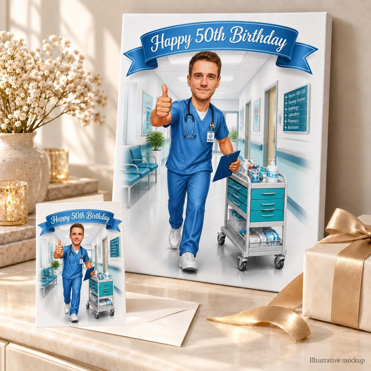 Nurse birthday caricature on stretched canvas and 5x7 greeting card, ready to gift.