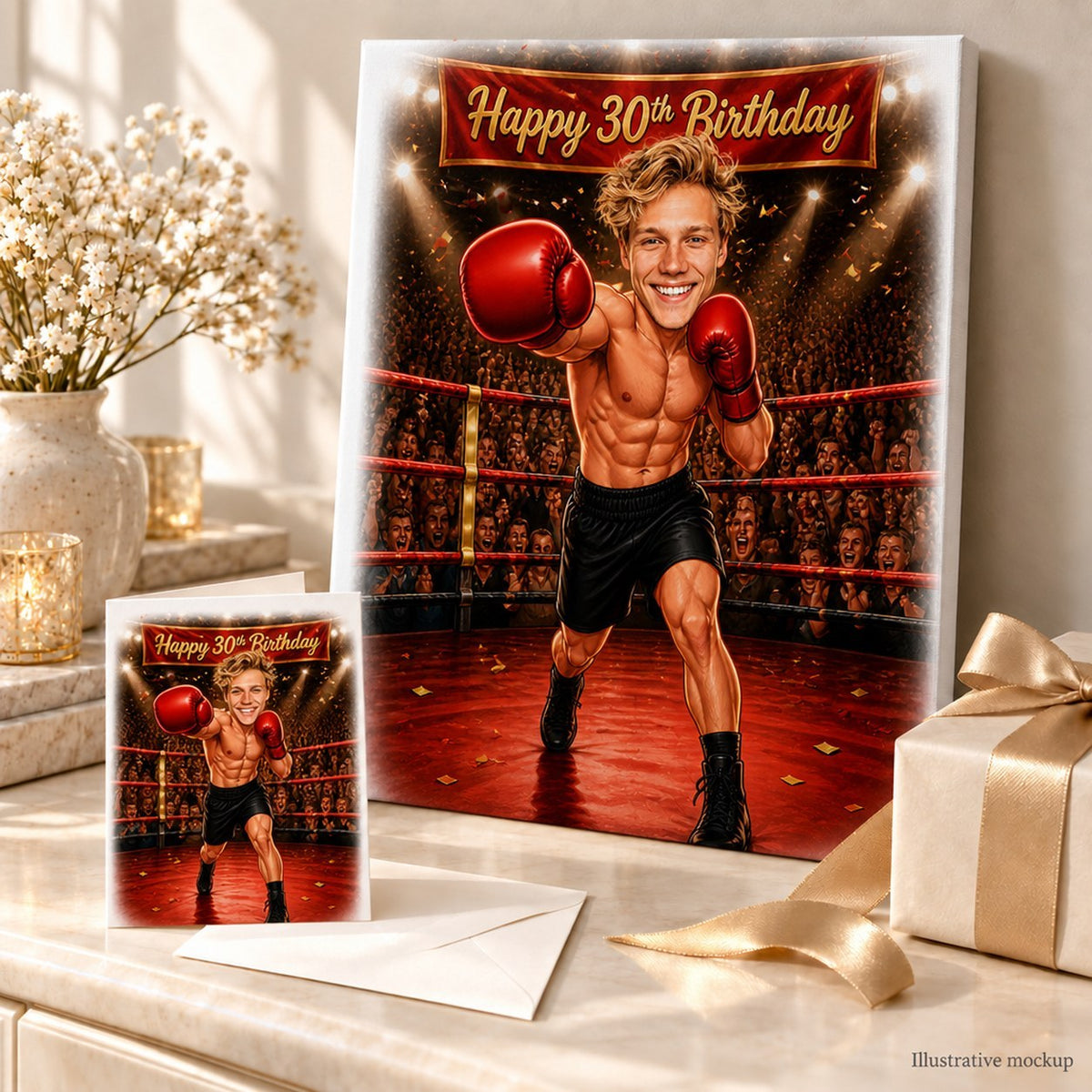 Boxer birthday caricature on canvas and 5x7 card beside wrapped gift