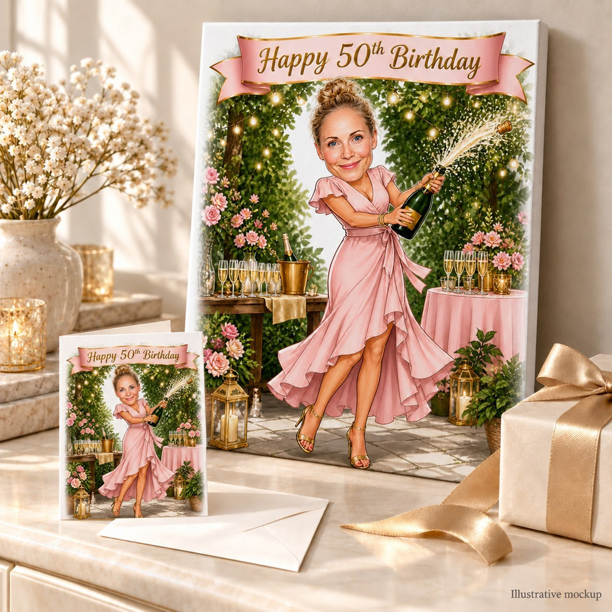 Prosecco birthday caricature on stretched canvas and 5x7 greeting card arranged as a gift.