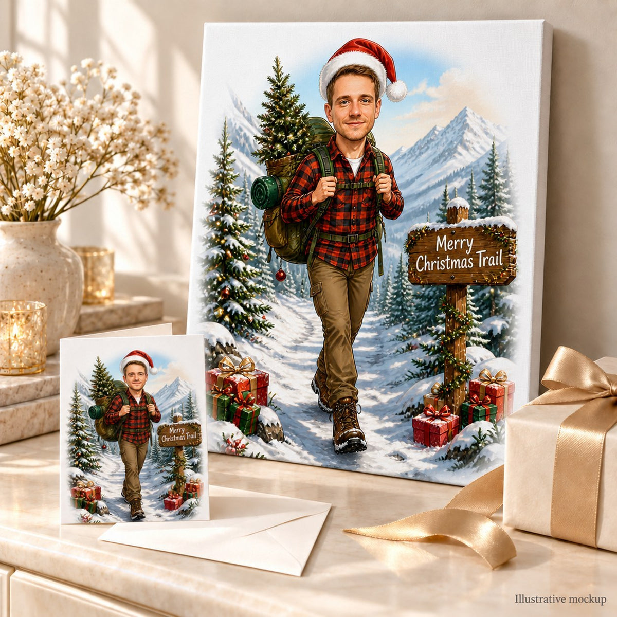Canvas and 5x7 card featuring hiking Christmas caricature, ready to gift beside wrapped presents.