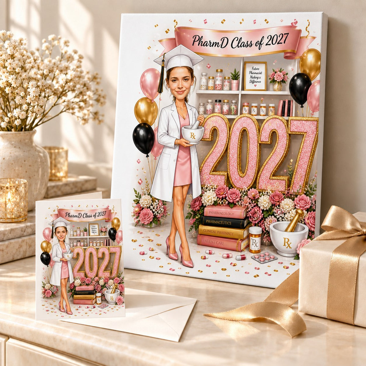 Pharmacy graduation caricature printed on canvas and 5x7 card, styled as a celebratory gift.