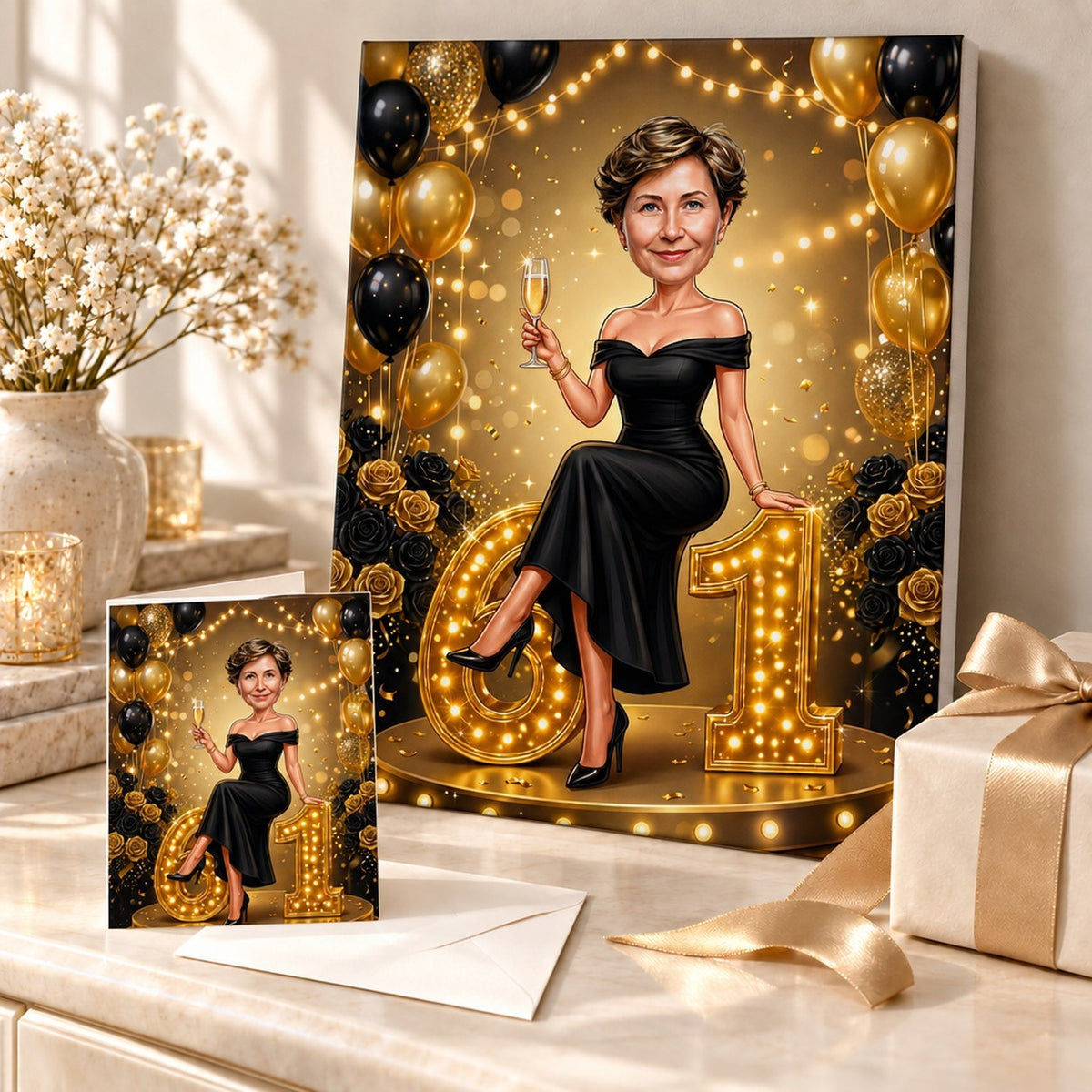 Golden birthday caricature printed on stretched canvas and 5x7 greeting card beside wrapped gift box.