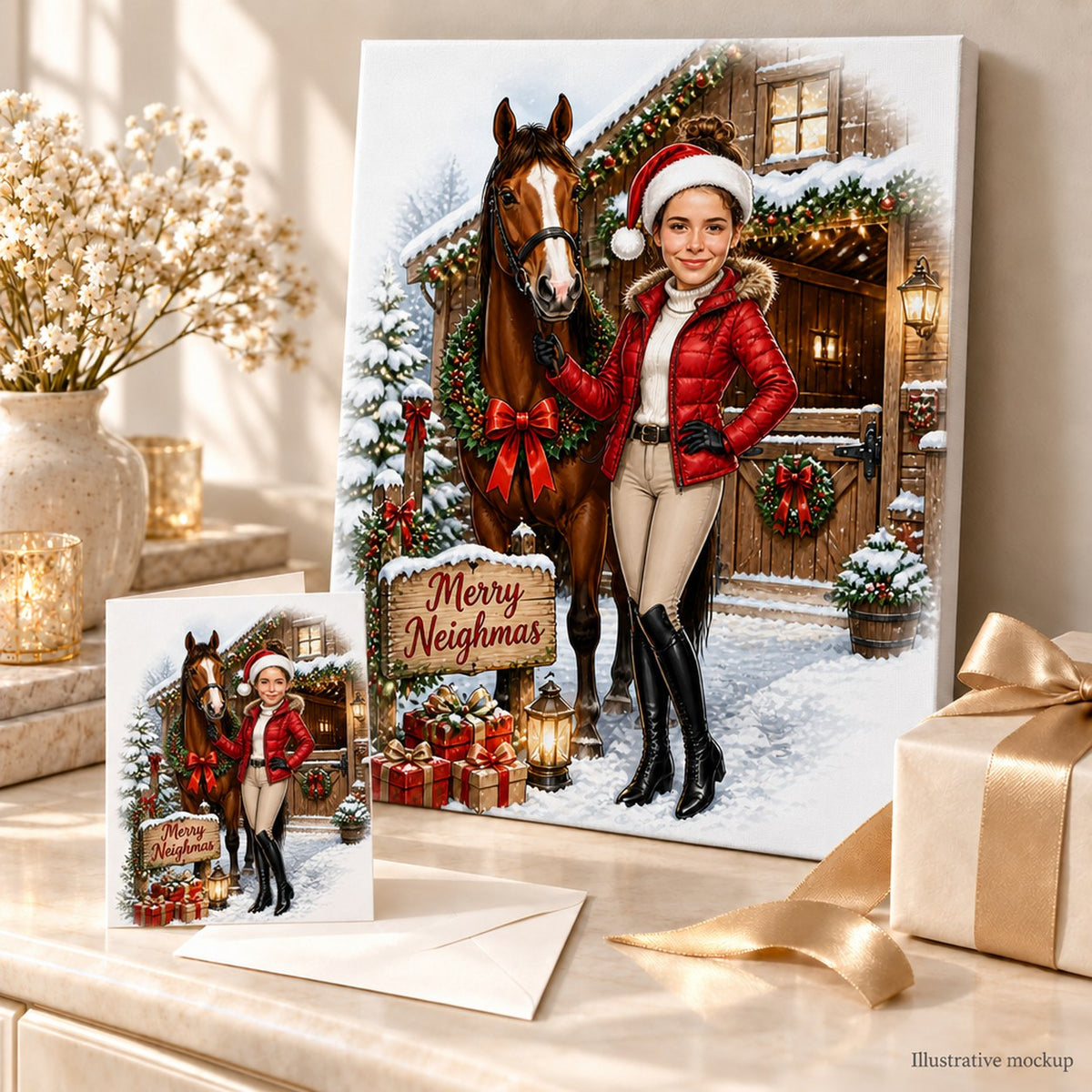 Canvas and 5x7 card featuring custom horse Christmas caricature beside presents and lantern.