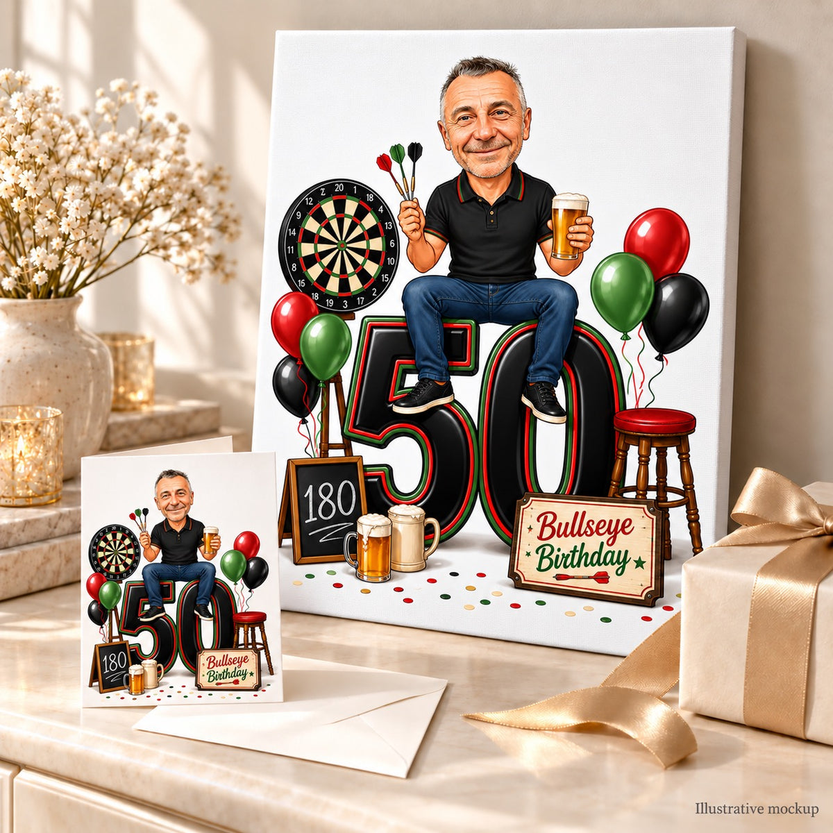 Darts caricature shown on stretched canvas and 5x7 card in a gift setup.
