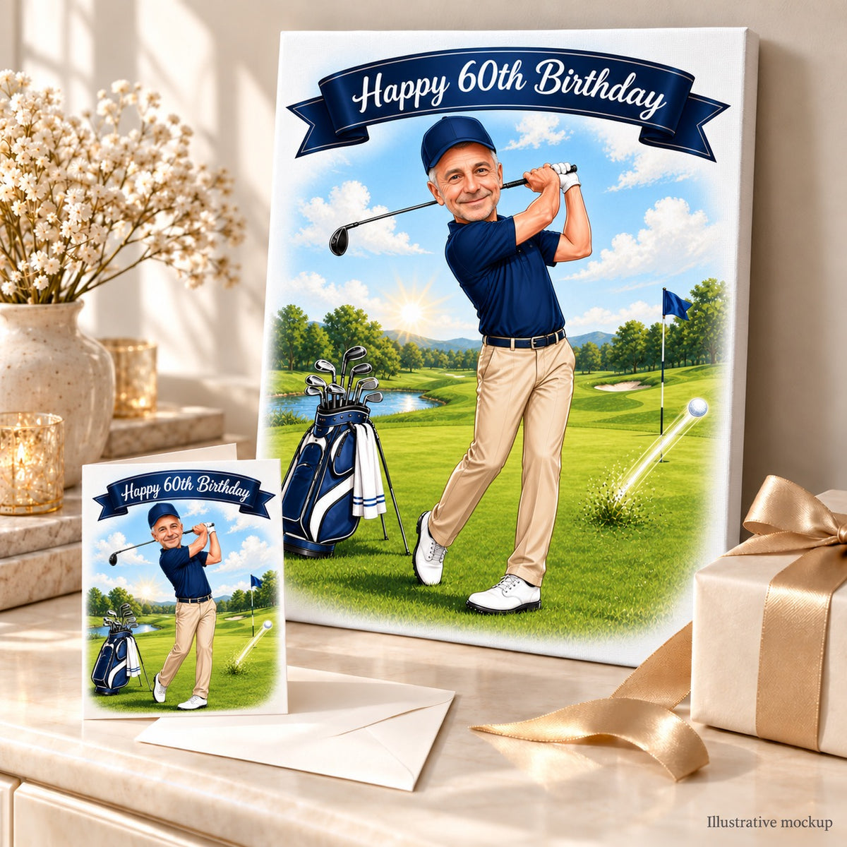 Stretched canvas and 5x7 card of custom golf birthday caricature arranged as a gift.