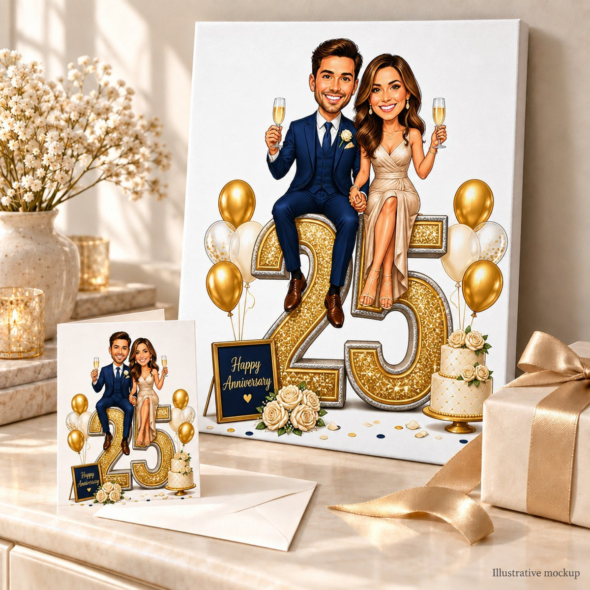 Anniversary caricature printed on canvas and card, styled as a ready-to-gift display.