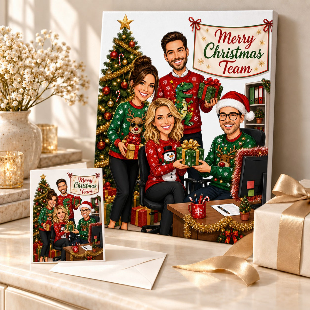 Canvas and greeting card of office Christmas caricature displayed with wrapped gifts and tinsel