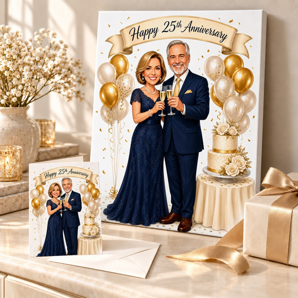 Anniversary caricature shown on a stretched canvas and a 5x7 card ready to gift.