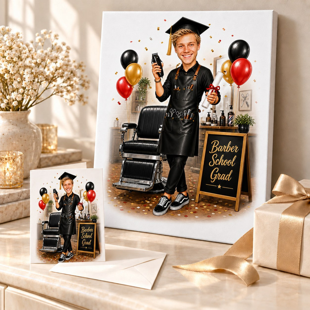 Barber graduation cartoon on canvas and 5x7 card, presented as a celebratory gift for him.