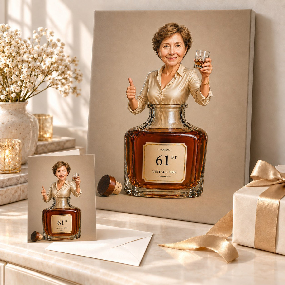 Whisky birthday caricature on canvas and 5x7 card with envelope, ready to gift