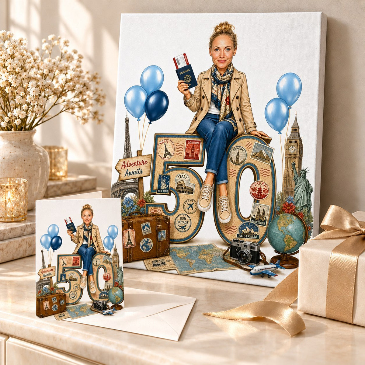 World traveler birthday caricature on canvas and card, ready to surprise a jetsetter