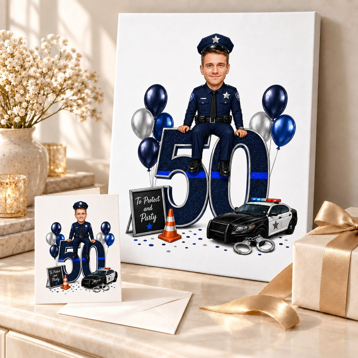 Police officer birthday caricature printed on canvas and 5x7 card beside wrapped gift.