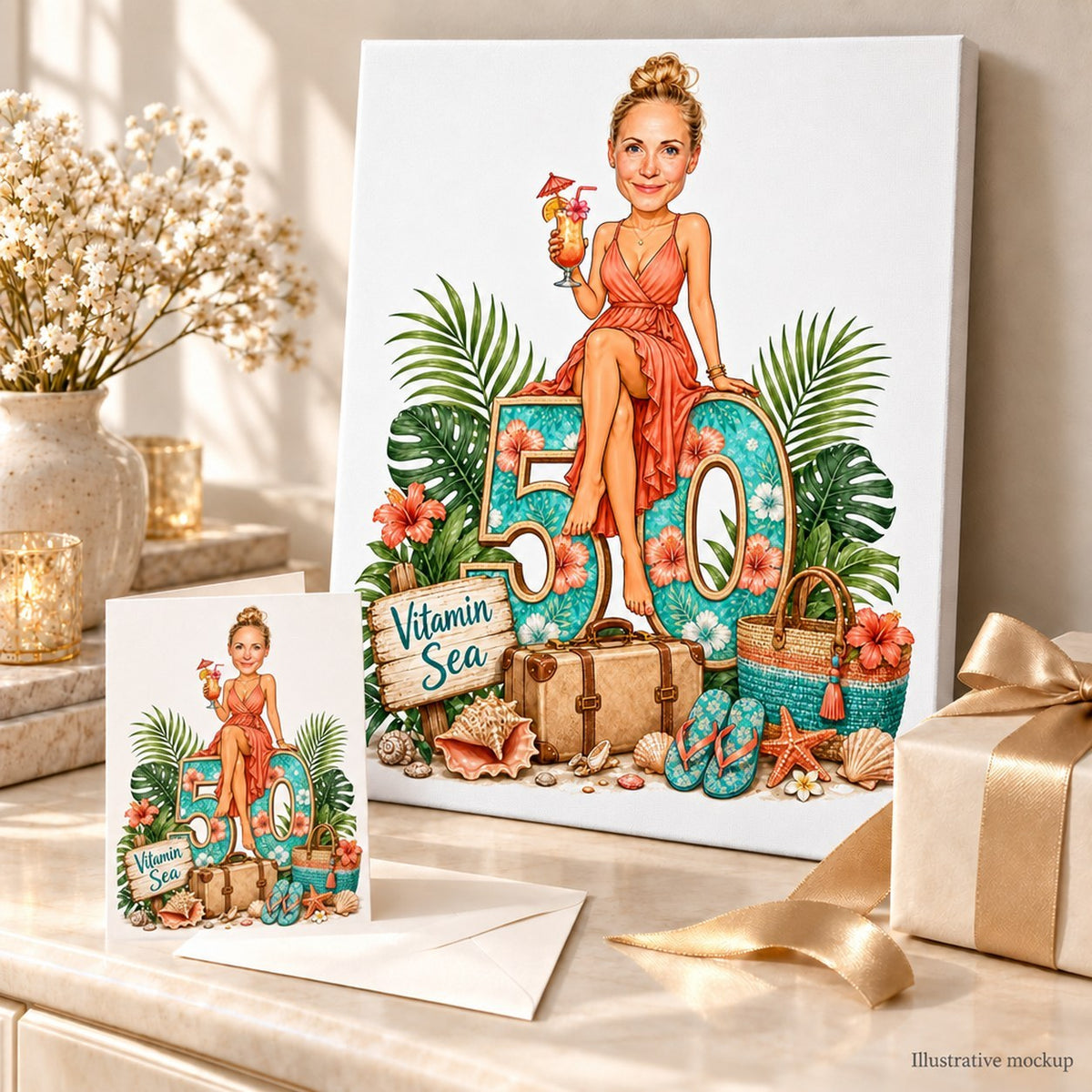 Tropical beach birthday caricature on canvas and 5x7 greeting card beside gifts.