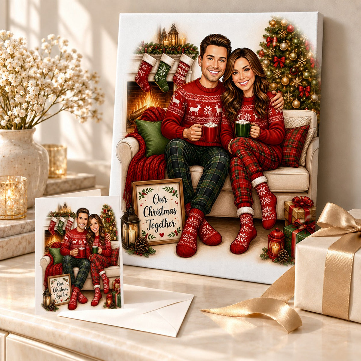 Canvas and greeting card with custom Christmas couple caricature, wrapped gifts and pine greenery.