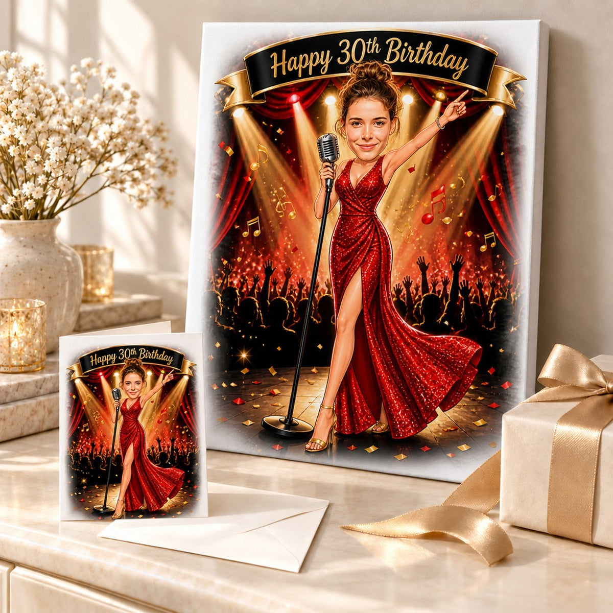 Singer caricature on stretched canvas beside 5x7 card with ribbon and confetti.