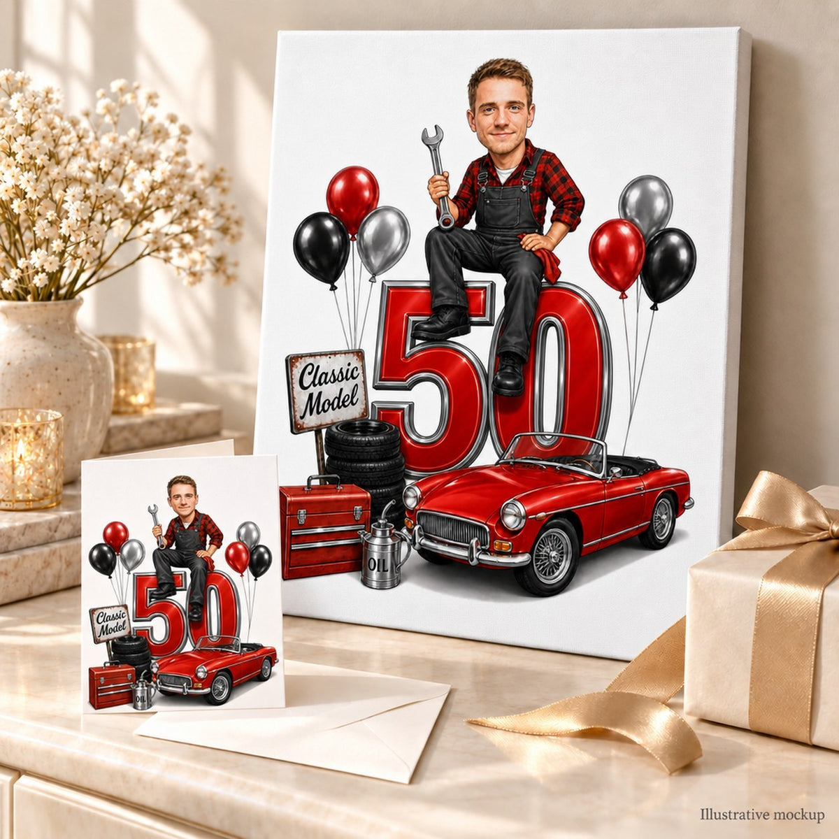 Canvas and greeting card of custom car caricature styled as birthday gift scene.