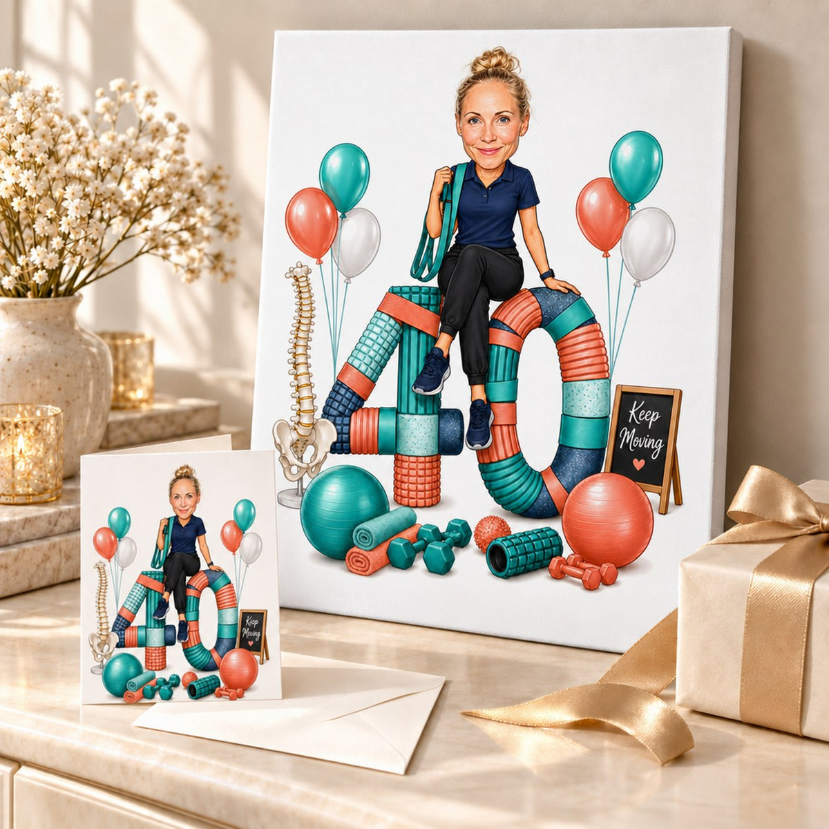Stretched canvas and greeting card of custom PT caricature displayed in a cheerful gift scene.