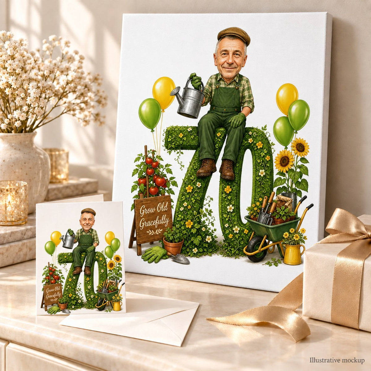 Stretched canvas and 5x7 greeting card of gardening caricature displayed with ribbon and potted plant.