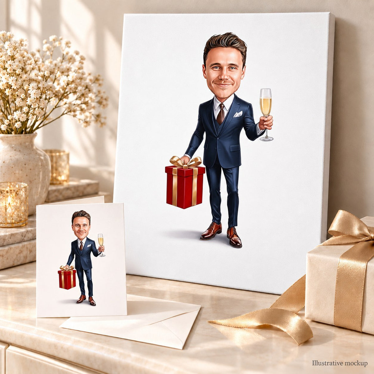 Birthday gentleman caricature printed on canvas and greeting card with wrapped present
