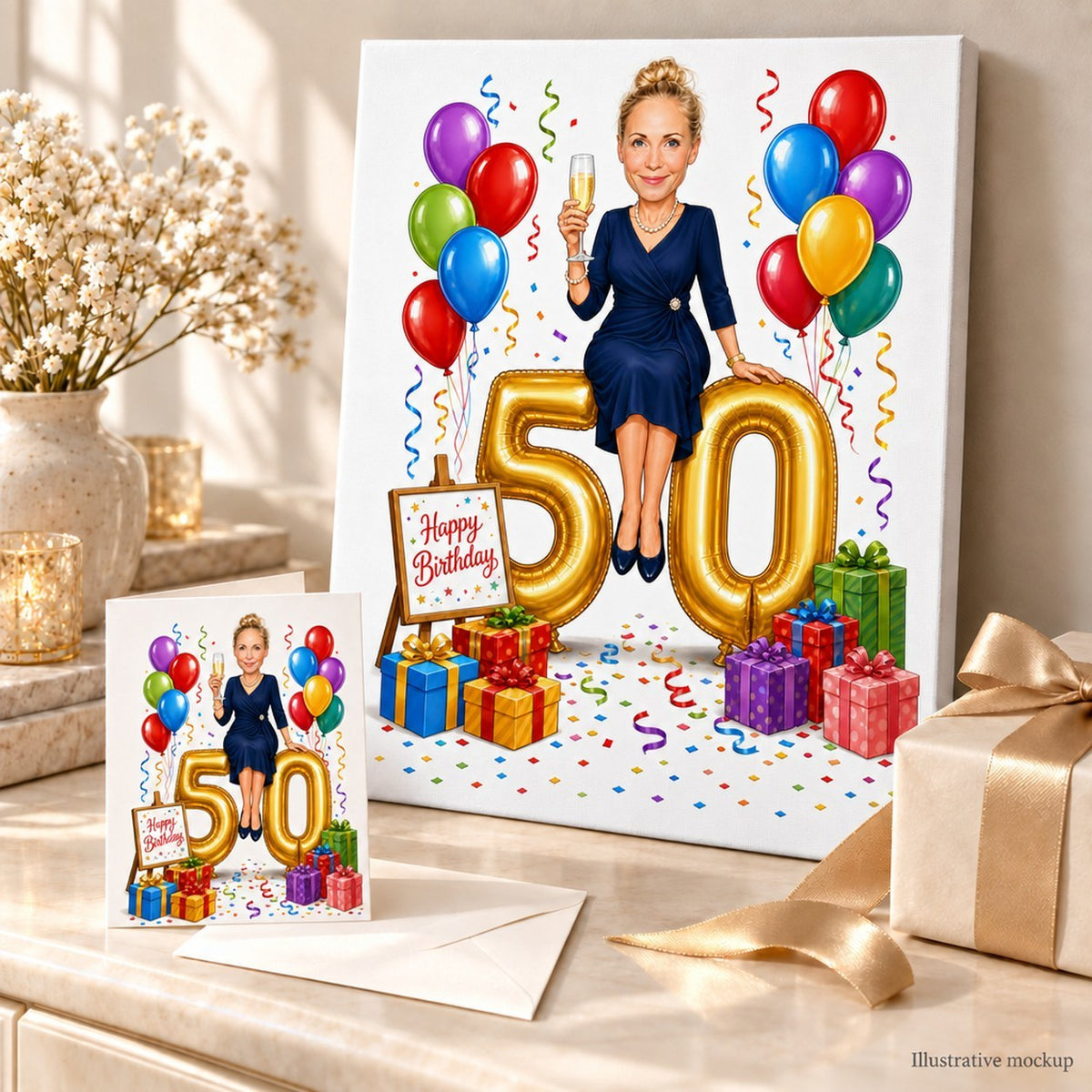 Colorful balloons birthday caricature on stretched canvas and 5x7 card in gift scene
