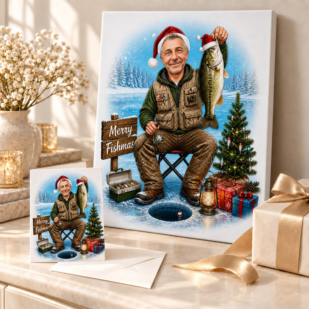 Stretched canvas and greeting card of Merry Fishmas caricature beside wrapped holiday gifts