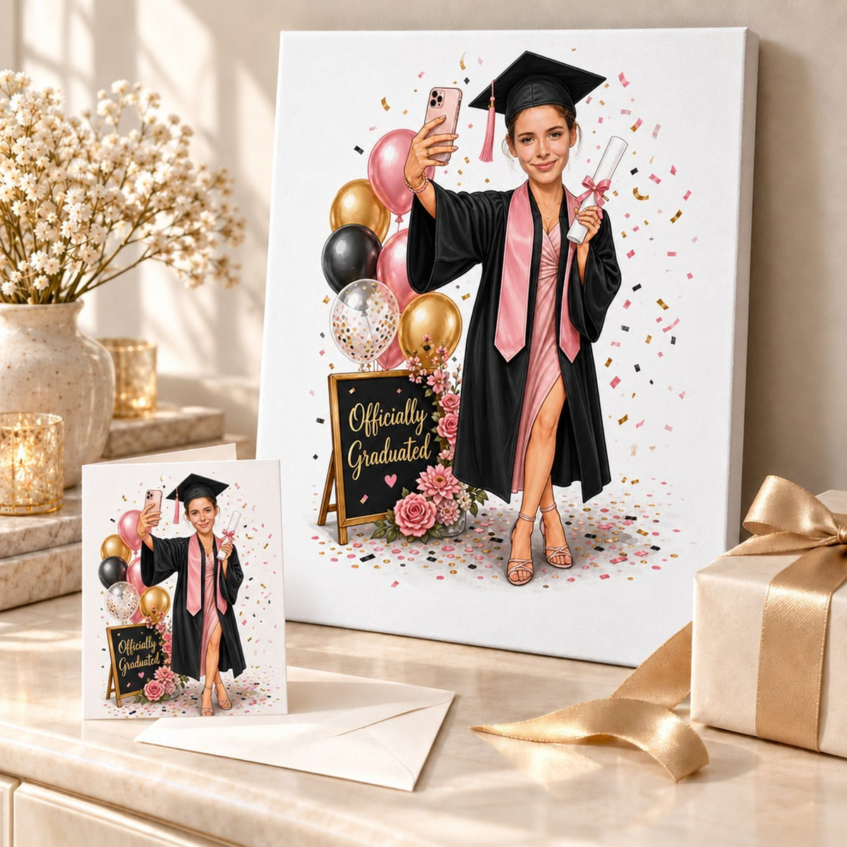 Stretched canvas and 5x7 greeting card displayed with ribbon and confetti on party table.