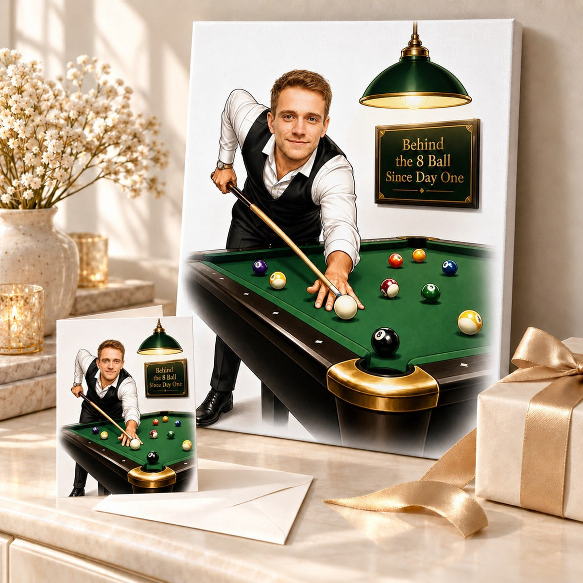 Billiards caricature printed on canvas and card, ready to gift with ribbon.