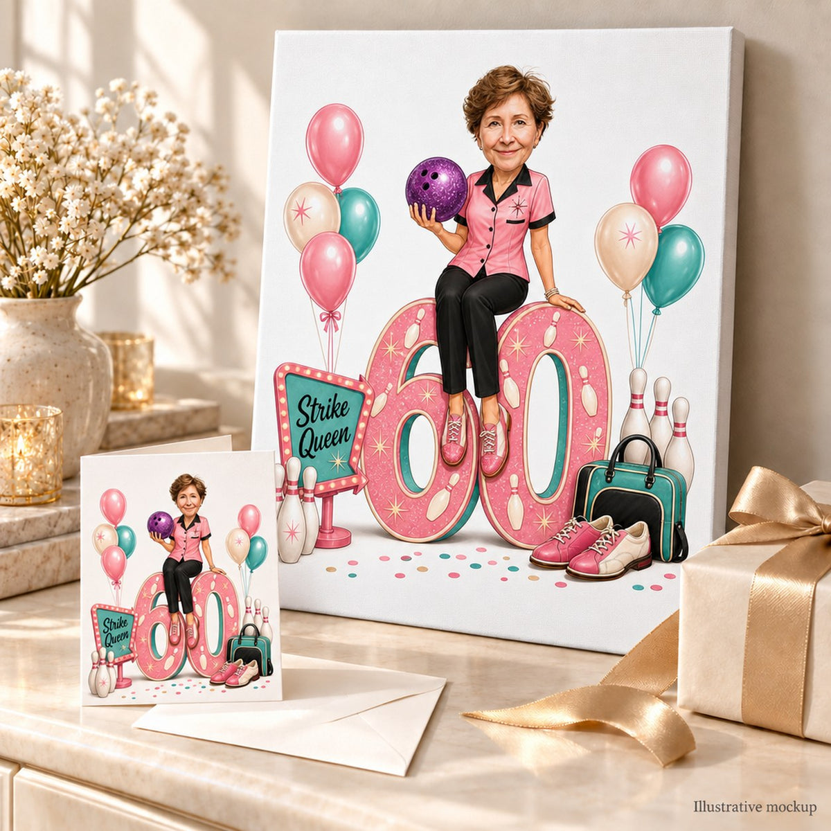 Bowling birthday caricature shown on canvas and 5x7 card in a cheerful gift scene.