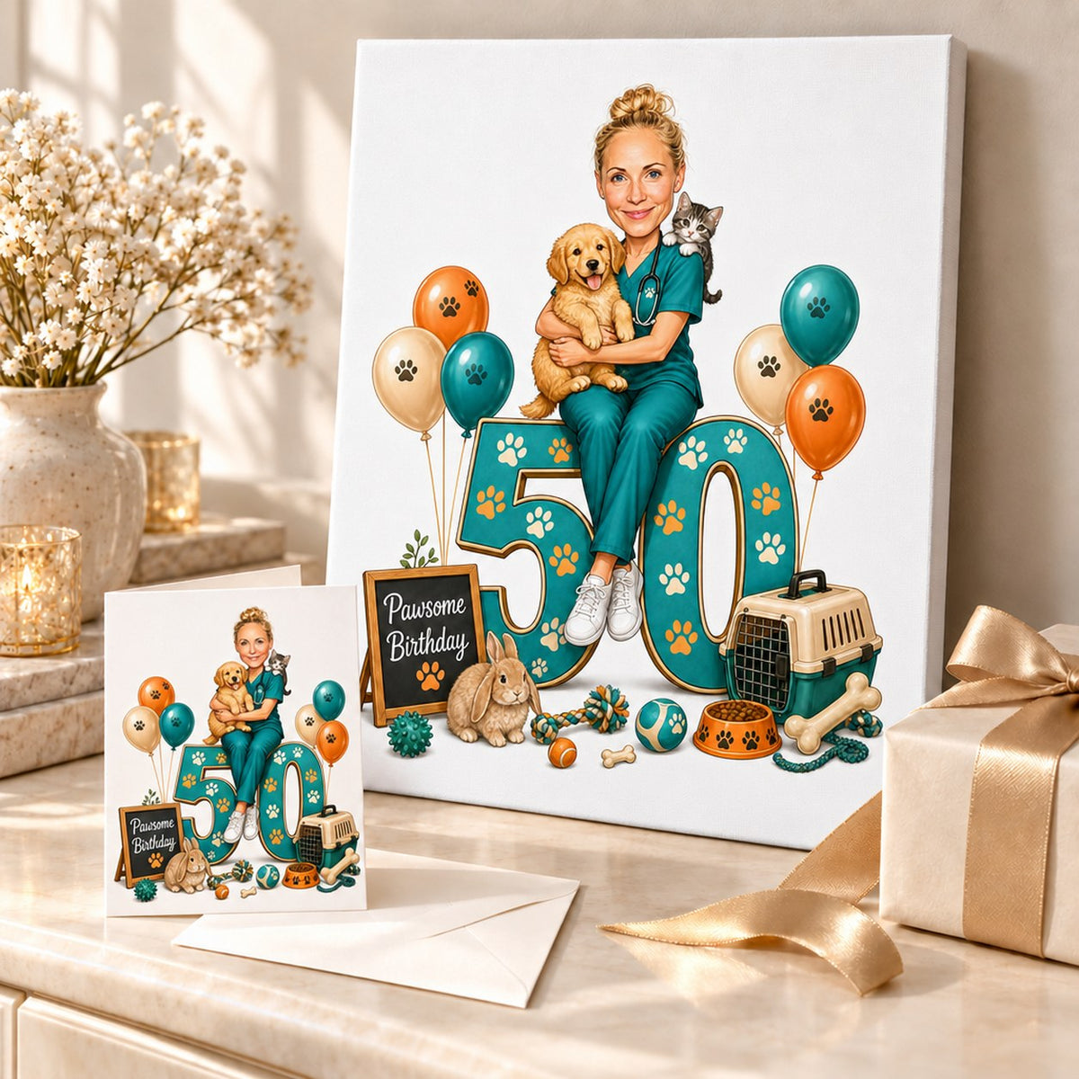 Veterinarian birthday caricature displayed on canvas and card with gift wrap