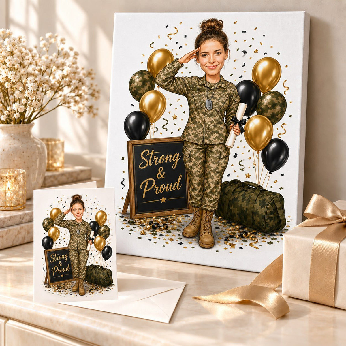 Canvas and 5x7 card of custom military graduation caricature with ribboned diploma.