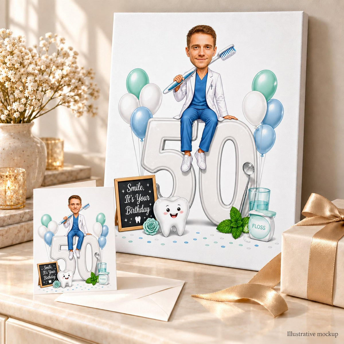 Canvas and 5x7 card of custom dentist birthday caricature arranged as a gift