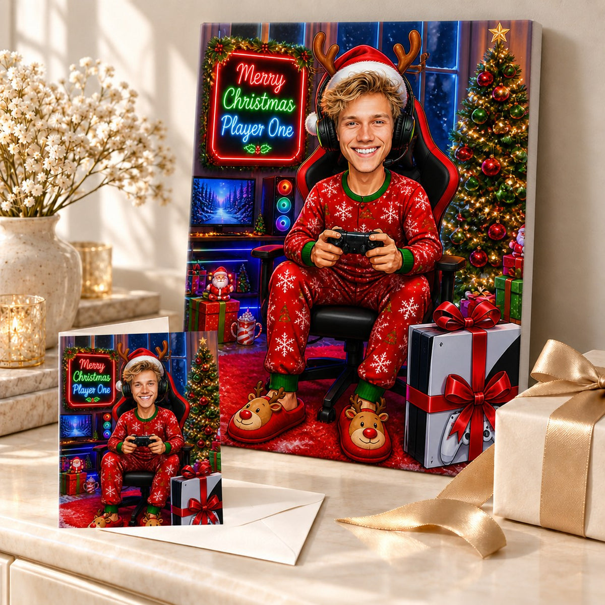 Christmas gamer caricature printed on canvas and 5x7 card beside wrapped gifts.