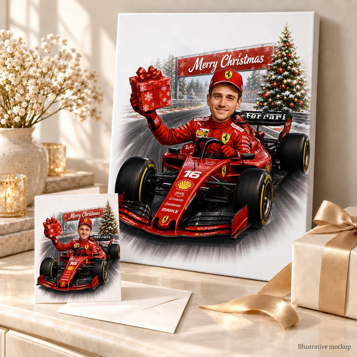 Custom F1 Christmas caricature printed on stretched canvas and 5x7 card in a festive setting.