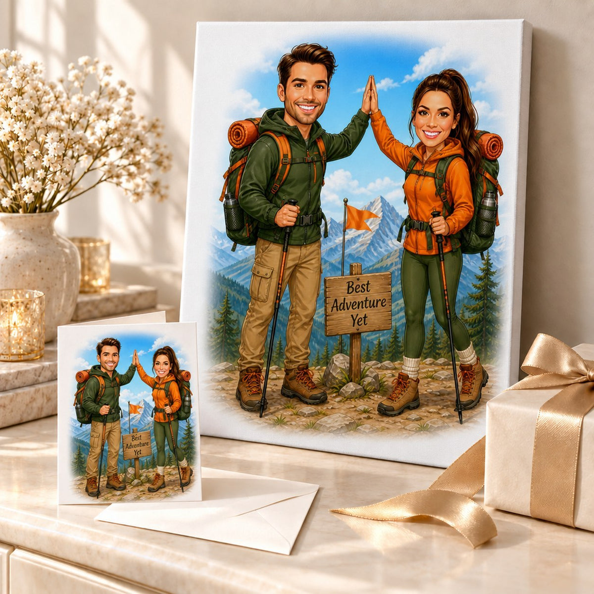 Stretched canvas and 5x7 card with hiking couple caricature displayed as a wrapped gift.