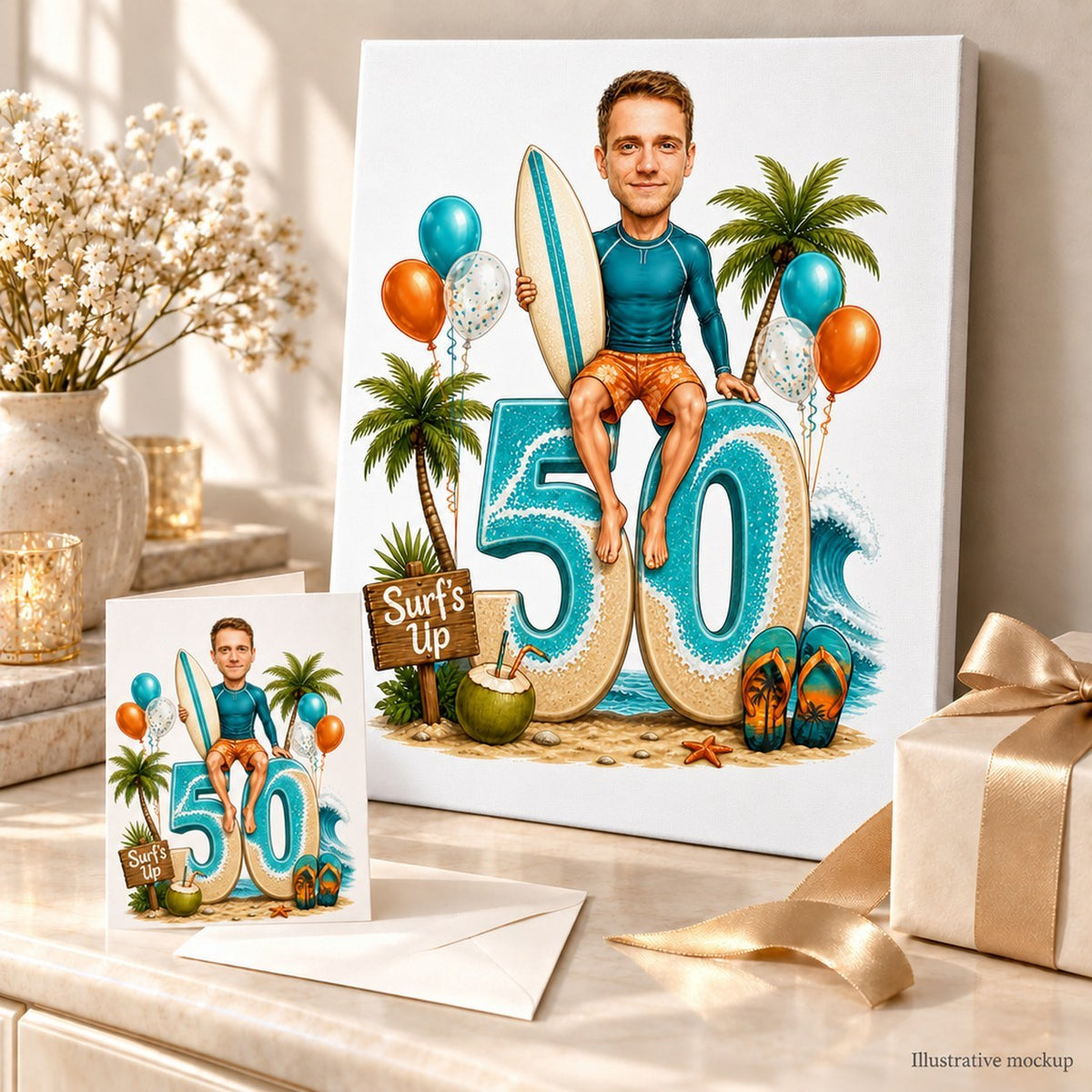 Surfer caricature printed on canvas and 5x7 card beside wrapped birthday gifts.