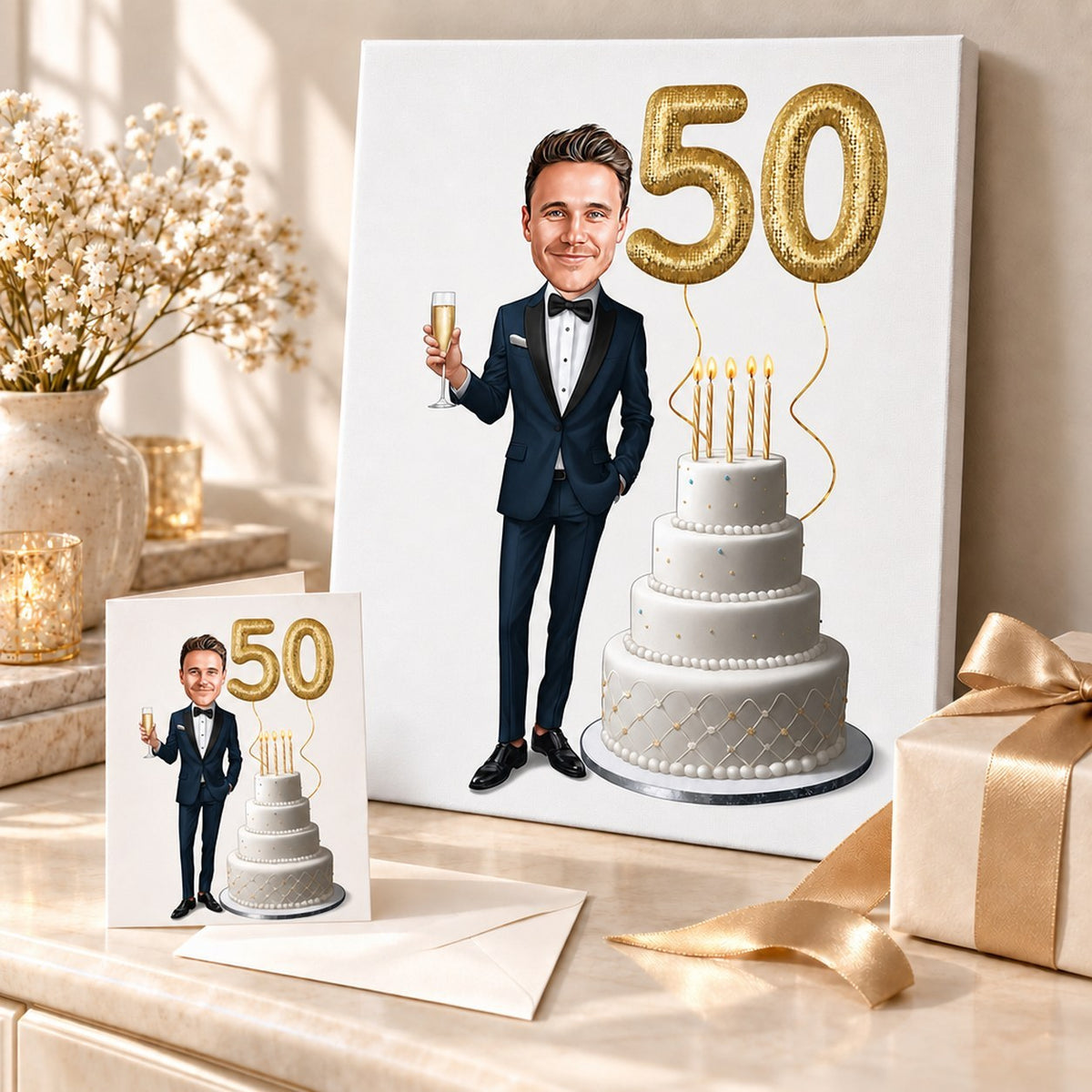 Canvas and greeting card of birthday gentleman caricature arranged in a celebratory gift scene.