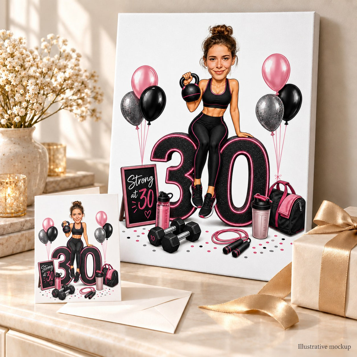 Fitness birthday caricature printed on canvas and greeting card with ribbons and balloons.