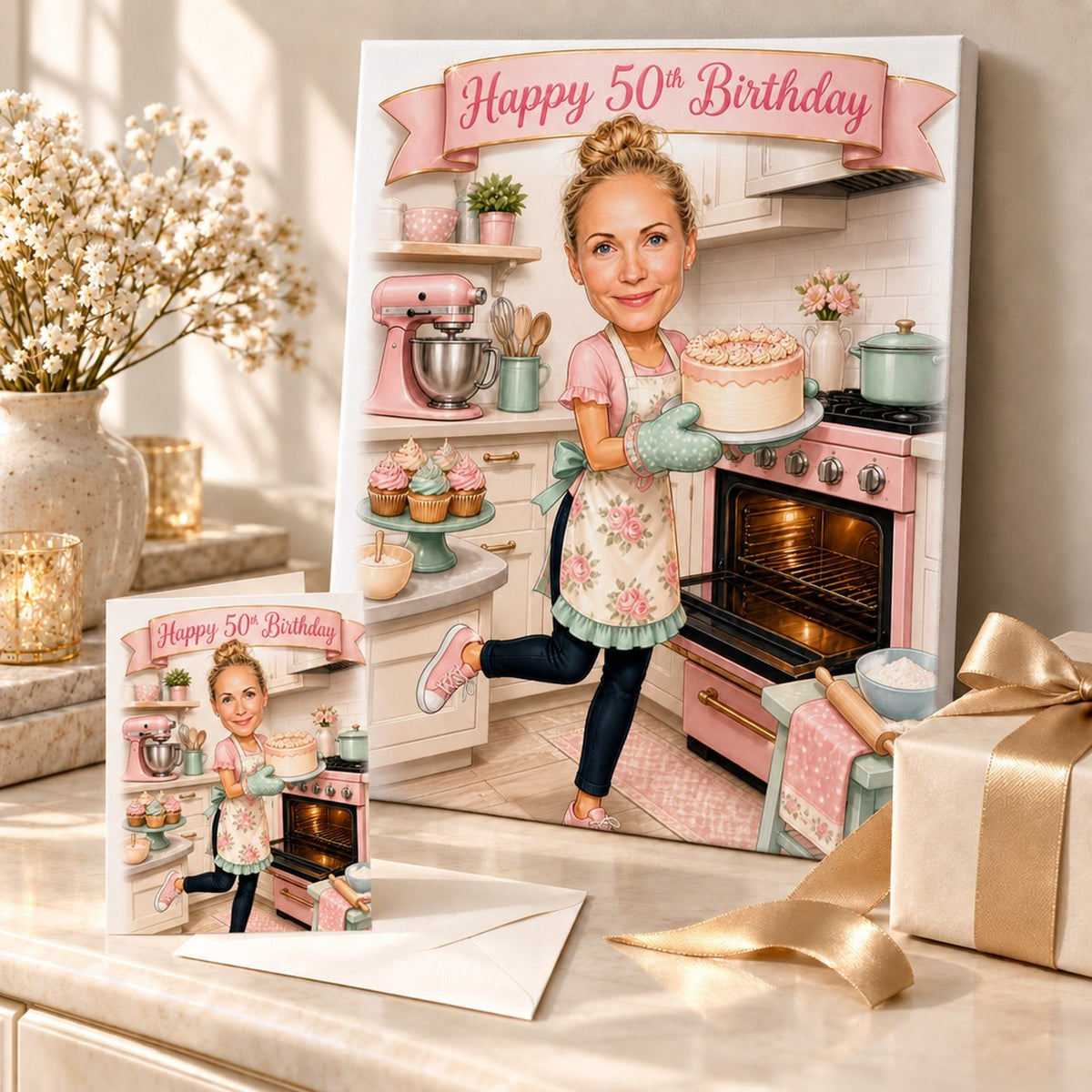 Baking caricature shown as stretched canvas and 5x7 card beside cupcakes and ribbon.
