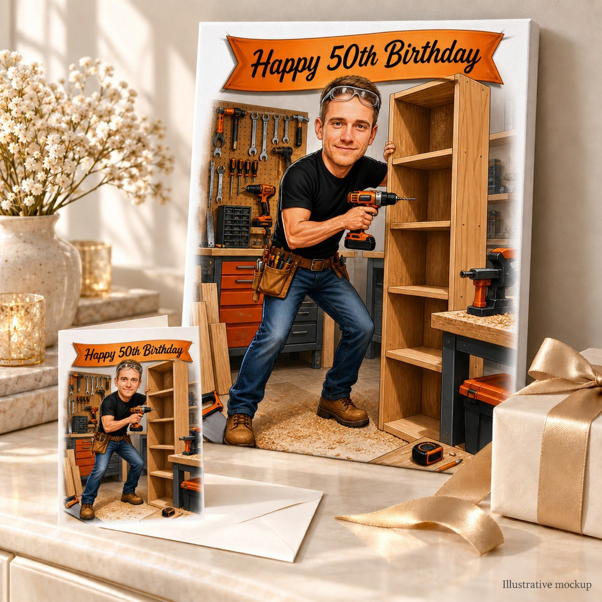 Canvas and 5x7 card of DIY caricature wrapped with ribbon on a workbench.