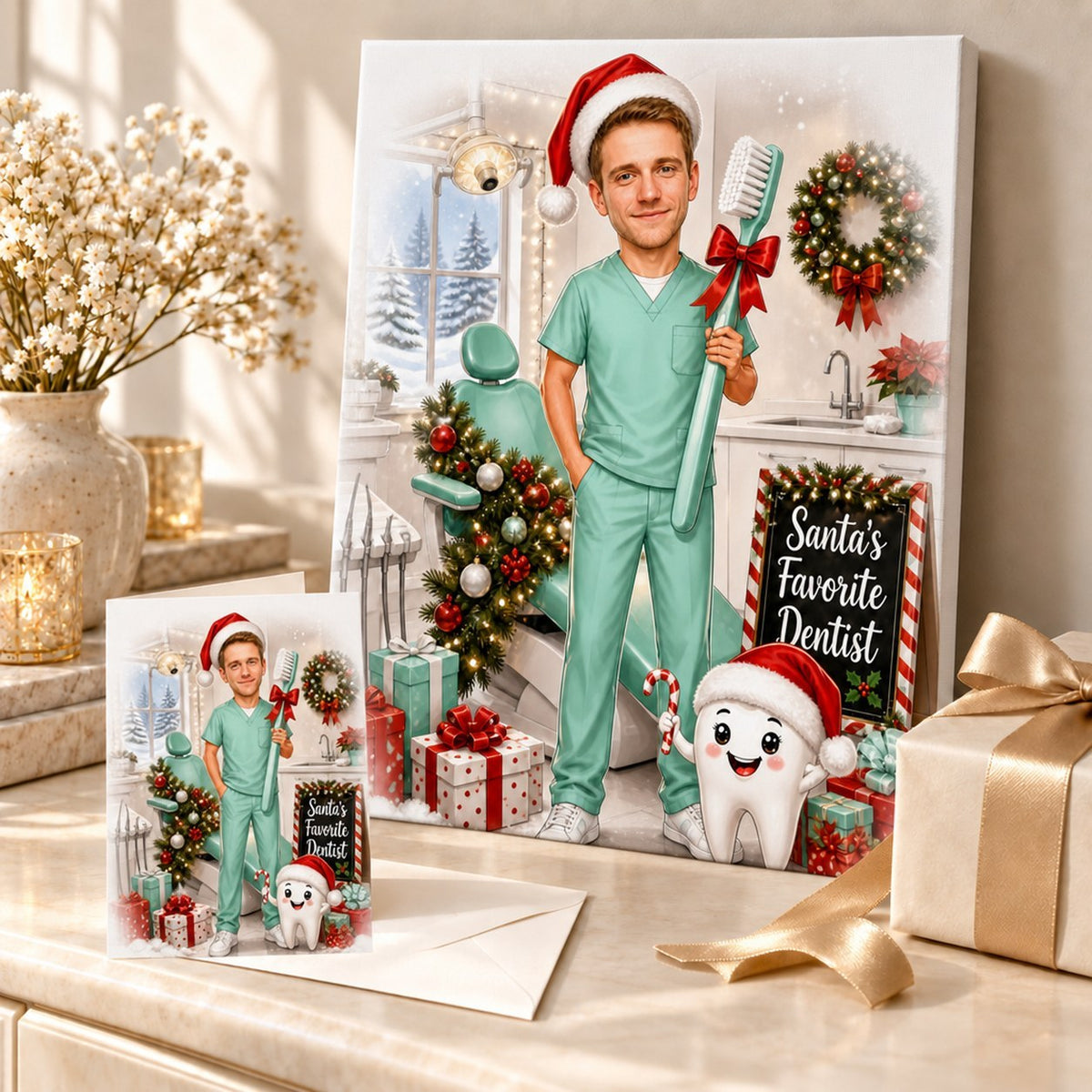 Canvas and 5x7 card of dentist caricature displayed with wrapped holiday presents.
