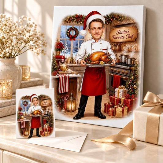 Framed canvas and 5x7 greeting card of chef Christmas caricature beside wrapped holiday presents.