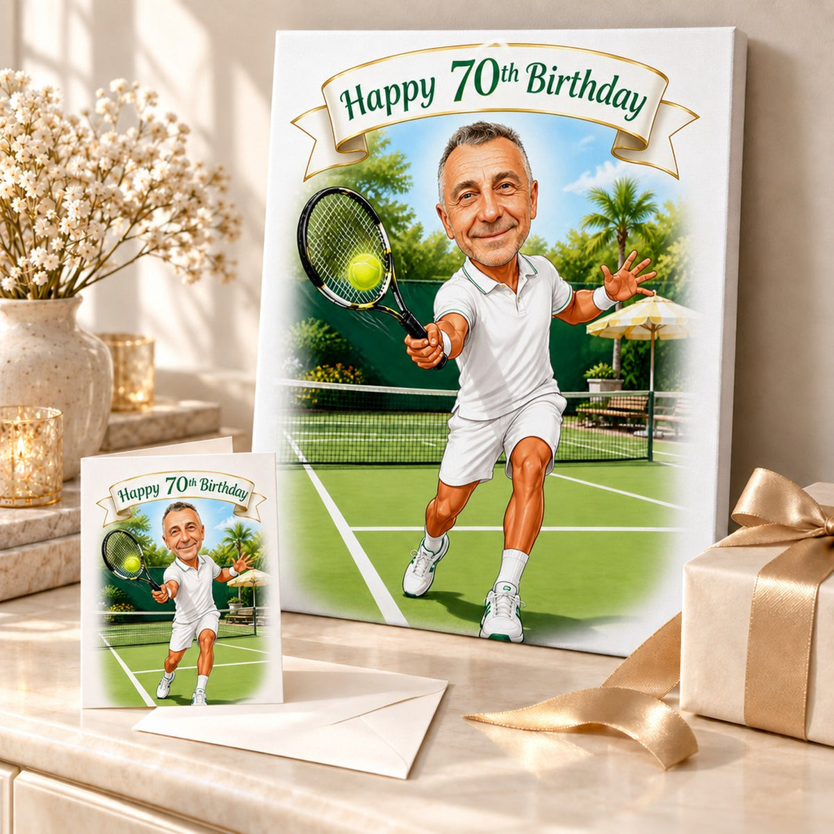 Tennis caricature shown on stretched canvas and 5x7 card as a birthday gift.