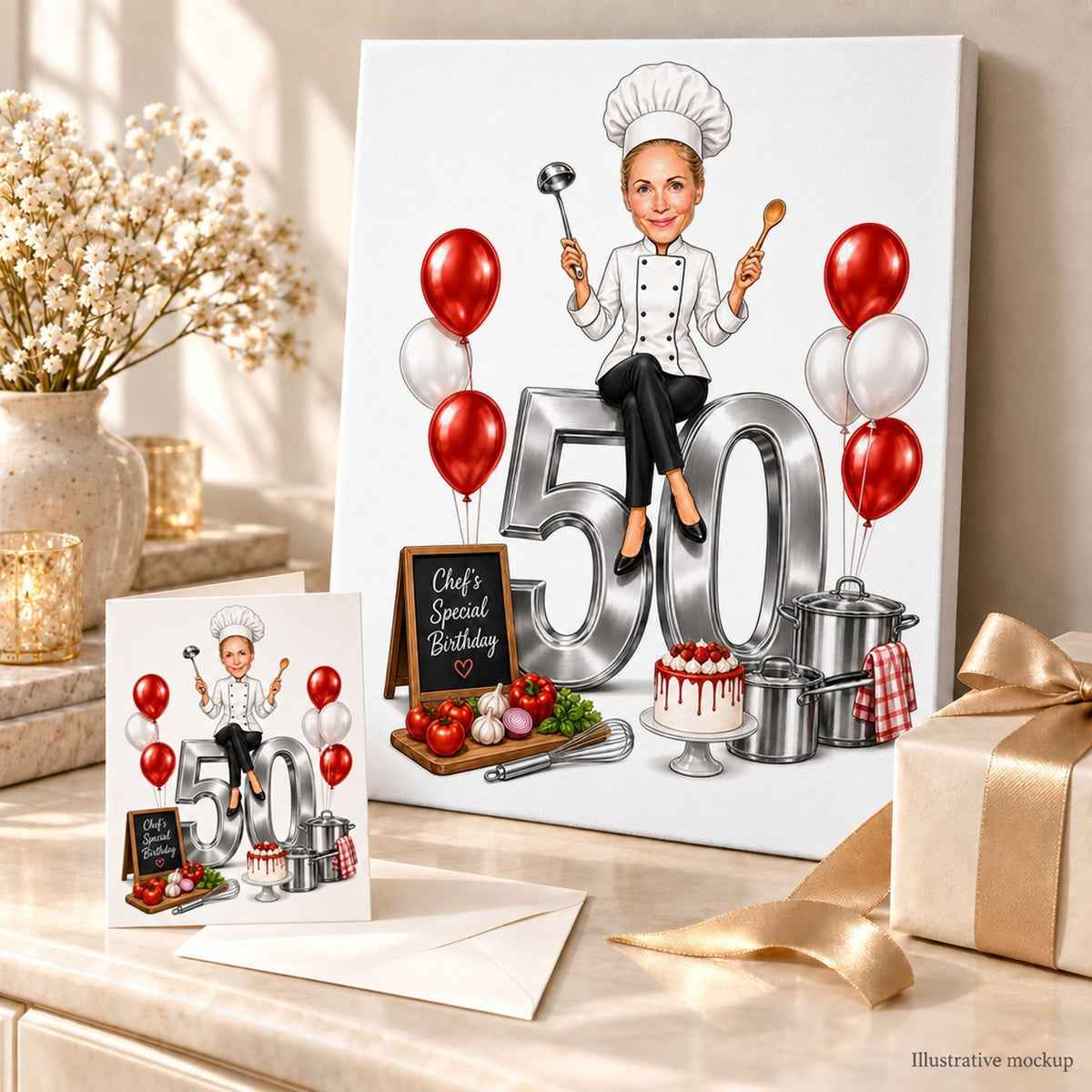 Chef birthday caricature printed on canvas and 5x7 card with ribbon and kitchen gift.